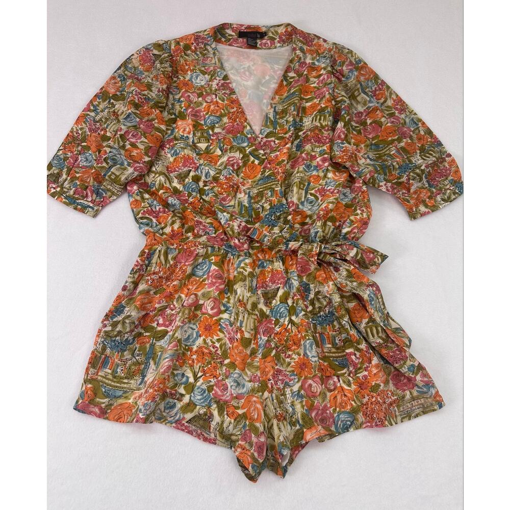 Isabel Lu 100% Silk Floral Belted Romper Size Large Multicolor Garden Print - Picture 6 of 12
